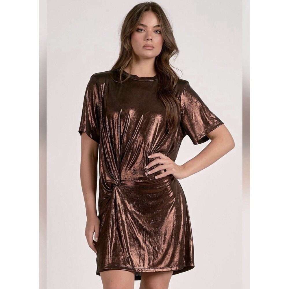 Elan Knotted Mini Tee Shirt  / T-Shirt Dress Metallic Crew Neck Short Sleeve  L